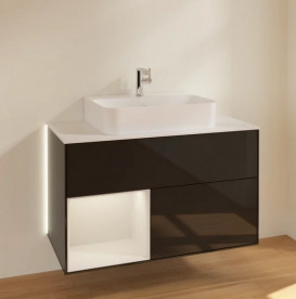 Тумба под раковину Villeroy & Boch Finion 100х50,1 см с подсветкой МДФ глянцевый черный лак/светло-серый матовый/стекло белое матовое G111GJPH