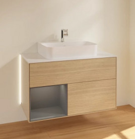 Тумба под раковину Villeroy & Boch Finion 100х50,1 см с подсветкой ДСП шпон дуба/антрацит матовый лак/стекло белое матовое G111GKPC