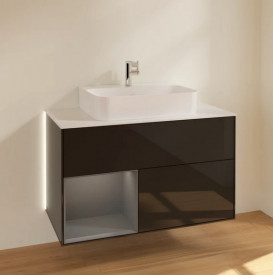 Тумба под раковину Villeroy & Boch Finion 100х50,1 см с подсветкой МДФ глянцевый черный лак/антрацит матовый лак/стекло белое матовое G111GKPH