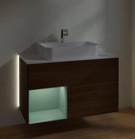 Тумба под раковину Villeroy & Boch Finion 100х50,1 см с подсветкой ДСП шпон грецкого ореха/оливковый матовый лак/стекло белое матовое G111GMGN