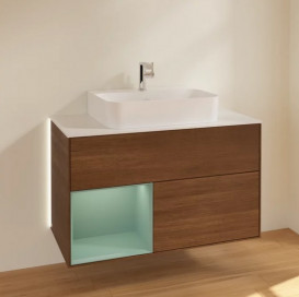 Тумба под раковину Villeroy & Boch Finion 100х50,1 см с подсветкой ДСП шпон грецкого ореха/оливковый матовый лак/стекло белое матовое G111GMGN