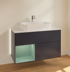 Тумба под раковину Villeroy & Boch Finion 100х50,1 см с подсветкой МДФ темно-синий матовый лак/оливковый матовый лак/стекло белое матовое G111GMHG