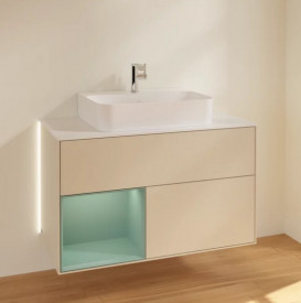 Тумба под раковину Villeroy & Boch Finion 100х50,1 см с подсветкой МДФ песок матовый лак/оливковый матовый лак/стекло белое матовое G111GMHH