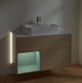 Тумба под раковину Villeroy & Boch Finion 100х50,1 см с подсветкой ДСП шпон дуба/оливковый матовый лак/стекло белое матовое G111GMPC