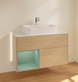Тумба под раковину Villeroy & Boch Finion 100х50,1 см с подсветкой ДСП шпон дуба/оливковый матовый лак/стекло белое матовое G111GMPC