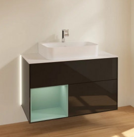 Тумба под раковину Villeroy & Boch Finion 100х50,1 см с подсветкой МДФ глянцевый черный лак/оливковый матовый лак/стекло белое матовое G111GMPH