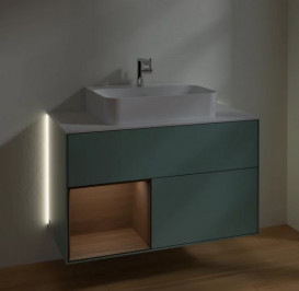 Тумба под раковину Villeroy & Boch Finion 100х50,1 см с подсветкой МДФ оливковый матовый лак/шпон грецкого ореха/стекло белое матовое G111GNGM