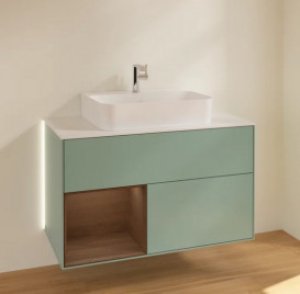 Тумба под раковину Villeroy & Boch Finion 100х50,1 см с подсветкой МДФ оливковый матовый лак/шпон грецкого ореха/стекло белое матовое G111GNGM