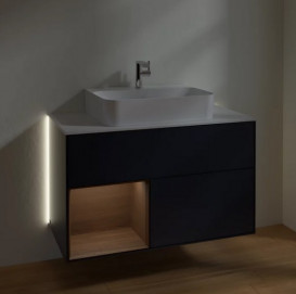 Тумба под раковину Villeroy & Boch Finion 100х50,1 см с подсветкой МДФ темно-синий матовый лак/шпон грецкого ореха/стекло белое матовое G111GNHG