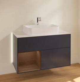 Тумба под раковину Villeroy & Boch Finion 100х50,1 см с подсветкой МДФ темно-синий матовый лак/шпон грецкого ореха/стекло белое матовое G111GNHG