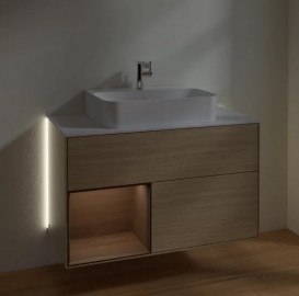 Тумба под раковину Villeroy & Boch Finion 100х50,1 см с подсветкой ДСП шпон дуба/шпон грецкого ореха/стекло белое матовое G111GNPC