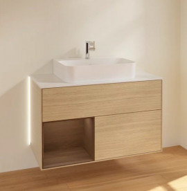 Тумба под раковину Villeroy & Boch Finion 100х50,1 см с подсветкой ДСП шпон дуба/шпон грецкого ореха/стекло белое матовое G111GNPC