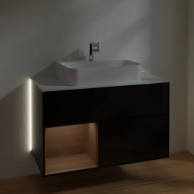 Тумба под раковину Villeroy & Boch Finion 100х50,1 см с подсветкой МДФ глянцевый черный лак/шпон грецкого ореха/стекло белое матовое G111GNPH