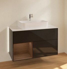 Тумба под раковину Villeroy & Boch Finion 100х50,1 см с подсветкой МДФ глянцевый черный лак/шпон грецкого ореха/стекло белое матовое G111GNPH