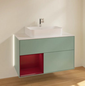 Тумба под раковину Villeroy & Boch Finion 100х50,1 см с подсветкой МДФ оливковый матовый лак/пион матовый лак/стекло белое матовое G111HBGM