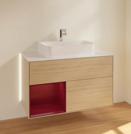 Тумба под раковину Villeroy & Boch Finion 100х50,1 см с подсветкой ДСП шпон дуба/пион матовый лак/стекло белое матовое G111HBPC