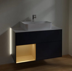 Тумба под раковину Villeroy & Boch Finion 100х50,1 см с подсветкой МДФ темно-синий матовый лак/золото матовый лак/стекло белое матовое G111HFHG