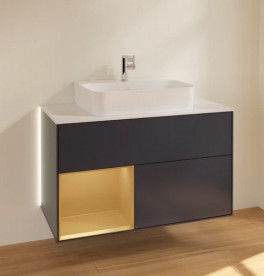 Тумба под раковину Villeroy & Boch Finion 100х50,1 см с подсветкой МДФ темно-синий матовый лак/золото матовый лак/стекло белое матовое G111HFHG