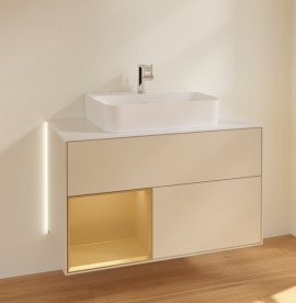 Тумба под раковину Villeroy & Boch Finion 100х50,1 см с подсветкой МДФ песок матовый лак/золото матовый лак/стекло белое матовое G111HFHH