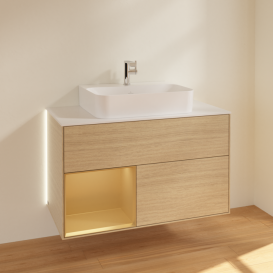 Тумба под раковину Villeroy & Boch Finion 100х50,1 см с подсветкой ДСП шпон дуба/золото матовый лак/стекло белое матовое G111HFPC