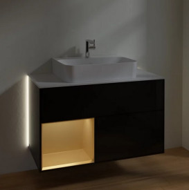 Тумба під раковину Villeroy & Boch Finion 100х50,1 см із підсвічуванням МДФ глянсовий чорний лак/золото матовий лак/скло біле матове G111HFPH