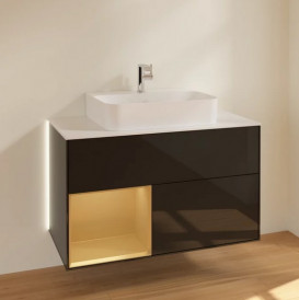 Тумба під раковину Villeroy & Boch Finion 100х50,1 см із підсвічуванням МДФ глянсовий чорний лак/золото матовий лак/скло біле матове G111HFPH