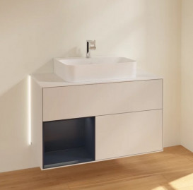 Тумба під раковину Villeroy & Boch Finion 100х50,1 см із підсвічуванням МДФ світло-сірий матовий лак/темно-синій матовий лак/скло біле матове G111HGGJ