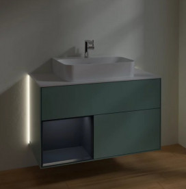 Тумба под раковину Villeroy & Boch Finion 100х50,1 см с подсветкой МДФ оливковый матовый лак/темно-синий матовый лак/стекло белое матовое G111HGGM
