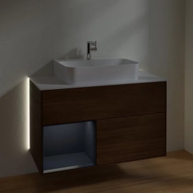 Тумба под раковину Villeroy & Boch Finion 100х50,1 см с подсветкой ДСП шпон грецкого ореха/темно-синий матовый лак/стекло белое матовое G111HGGN