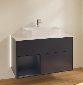 Тумба под раковину Villeroy & Boch Finion 100х50,1 см с подсветкой МДФ темно-синий матовый лак/стекло белое матовое G111HGHG