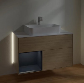 Тумба под раковину Villeroy & Boch Finion 100х50,1 см с подсветкой ДСП шпон дуба/темно-синий матовый лак/стекло белое матовое G111HGPC
