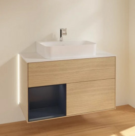 Тумба под раковину Villeroy & Boch Finion 100х50,1 см с подсветкой ДСП шпон дуба/темно-синий матовый лак/стекло белое матовое G111HGPC