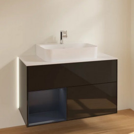 Тумба под раковину Villeroy & Boch Finion 100х50,1 см с подсветкой МДФ глянцевый черный лак/темно-синий матовый лак/стекло белое матовое G111HGPH