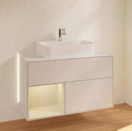 Тумба під раковину Villeroy & Boch Finion 100х50,1 см із підсвічуванням МДФ світло-сірий матовий лак/пісок матовий лак/скло біле матове G111HHGJ