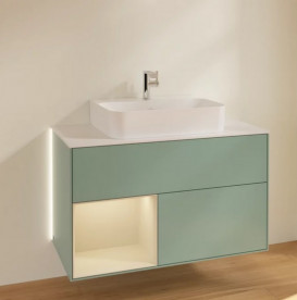 Тумба под раковину Villeroy & Boch Finion 100х50,1 см с подсветкой МДФ оливковый матовый лак/песок матовый лак/стекло белое матовое G111HHGM