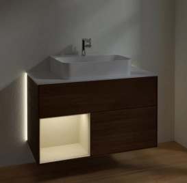 Тумба под раковину Villeroy & Boch Finion 100х50,1 см с подсветкой ДСП шпон грецкого ореха/песок матовый лак/стекло белое матовое G111HHGN