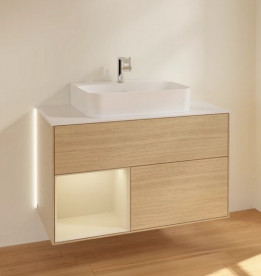 Тумба под раковину Villeroy & Boch Finion 100х50,1 см с подсветкой ДСП шпон дуба/песок матовый лак/стекло белое матовое G111HHPC