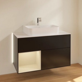 Тумба под раковину Villeroy & Boch Finion 100х50,1 см с подсветкой МДФ черный матовый лак/песок матовый лак/стекло белое матовое G111HHPD