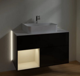 Тумба под раковину Villeroy & Boch Finion 100х50,1 см с подсветкой МДФ глянцевый черный лак/песок матовый лак/стекло белое матовое G111HHPH