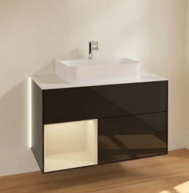 Тумба под раковину Villeroy & Boch Finion 100х50,1 см с подсветкой МДФ глянцевый черный лак/песок матовый лак/стекло белое матовое G111HHPH