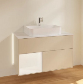 Тумба под раковину Villeroy & Boch Finion 100х50,1 см с подсветкой МДФ песок матовый лак/белый матовый лак/стекло белое матовое G111MTHH