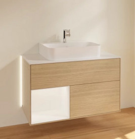 Тумба под раковину Villeroy & Boch Finion 100х50,1 см с подсветкой ДСП шпон дуба/белый матовый лак/стекло белое матовое G111MTPC