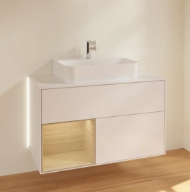 Тумба под раковину Villeroy & Boch Finion 100х50,1 см с подсветкой МДФ глянцевый белый лак/шпон дуба/стекло белое матовое G111PCGF