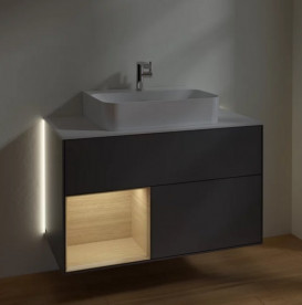 Тумба под раковину Villeroy & Boch Finion 100х50,1 см с подсветкой МДФ антрацит матовый лак/шпон дуба/стекло белое матовое G111PCGK