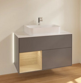 Тумба под раковину Villeroy & Boch Finion 100х50,1 см с подсветкой МДФ антрацит матовый лак/шпон дуба/стекло белое матовое G111PCGK