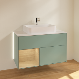 Тумба под раковину Villeroy & Boch Finion 100х50,1 см с подсветкой МДФ оливковый матовый лак/шпон дуба/стекло белое матовое G111PCGM