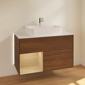 Тумба под раковину Villeroy & Boch Finion 100х50,1 см с подсветкой ДСП шпон грецкого ореха/шпон дуба/стекло белое матовое G111PCGN