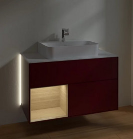 Тумба под раковину Villeroy & Boch Finion 100х50,1 см с подсветкой МДФ пион матовый лак/шпон дуба/стекло белое матовое G111PCHB