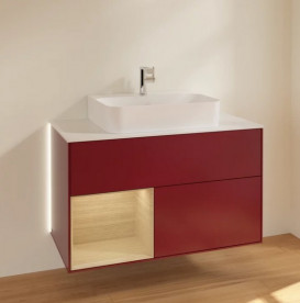 Тумба под раковину Villeroy & Boch Finion 100х50,1 см с подсветкой МДФ пион матовый лак/шпон дуба/стекло белое матовое G111PCHB