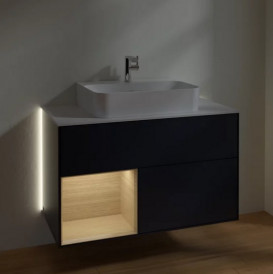 Тумба под раковину Villeroy & Boch Finion 100х50,1 см с подсветкой МДФ темно-синий матовый лак/шпон дуба/стекло белое матовое G111PCHG